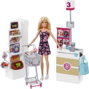 Barbie Doll, Blonde, and Grocery Store with Rolling Cart and Working Belt